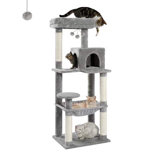 PAWZ Road Luxus Katzenbaum Gross Katzenspielturm, Activity Center, stabil und stabil, Katzenbaum mit Hängematte und schönem Katzenhaus grau 143cm von PAWZ Road