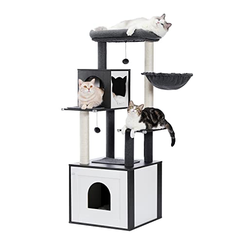 PAWZ Road Moderner Katzenbaum Holz Katzenturm mit Aufbewahrungsschrank Katzentoilette Gehege und geräumiger Katzenhütte Große obere Sitzstange und Hängematte Schwarz von PAWZ Road