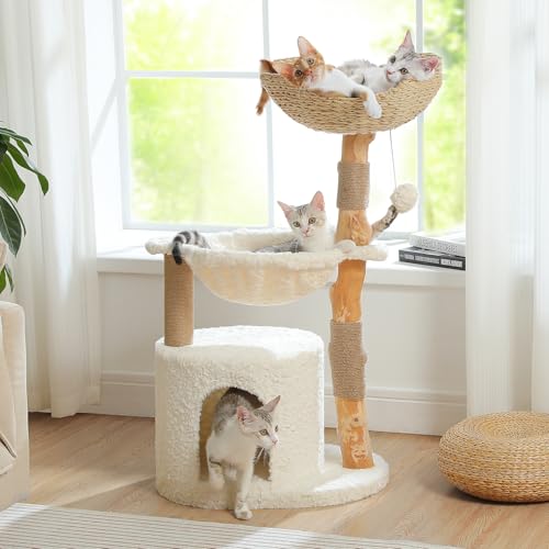 PAWZ Road Moderner Katzenbaum für große Katzen, luxuriöser Katzenturm aus Holz mit großem Weidenkorb, geräumige Höhle und tiefe Hängematte, ästhetisches Katzenbaumhaus für Indoor-Katzen, Weiß von PAWZ Road