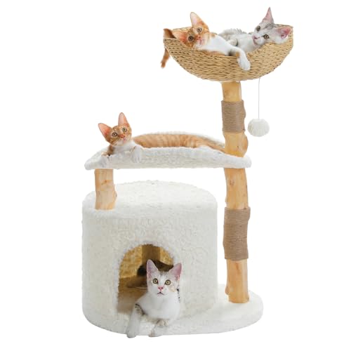 PAWZ Road Moderner Kratzbaum für große Katzen, 96,5 cm, Massivholz-Katzenturm mit großem Weidenkorb, geräumiger Wohnraum und gebogener Plattform, ästhetisches Katzenbaumhaus für Indoor-Katzen, Weiß von PAWZ Road