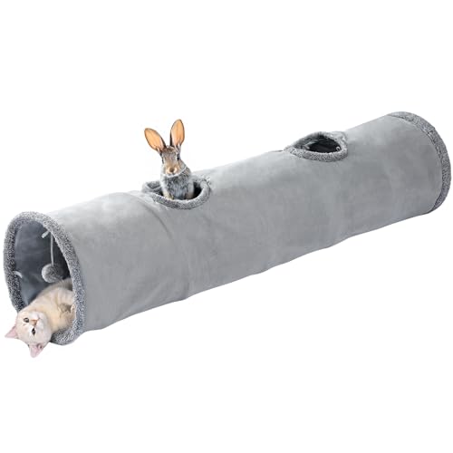 PAWZ Road Schön Faltbar Katzentunnel Katzenspielzeug mit Ball, Rascheltunnel, Spieltunnel für Katzen, 130cm x 30cm, Kaninchen Spielzeug, Grau Tunnel für Wohnungskatzen von PAWZ Road