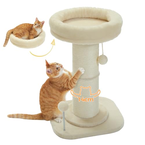 PAWZ Road Katzenkratzbaum, hoher Katzenkratzbaum für Indoor-Katzen mit super dickem Kratzbaum [Dia=14cm], Abnehmbares Flauschiges Katzenbett, Katzenkratzbaum mit Federball, Beige von PAWZ Road