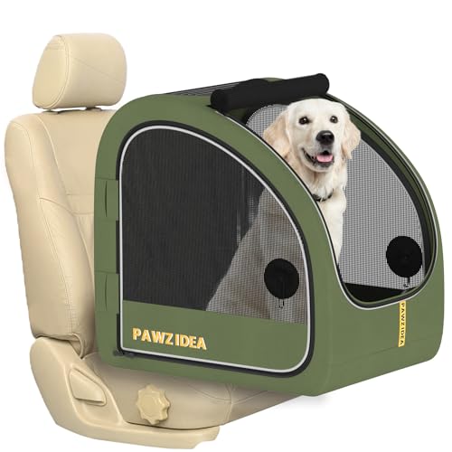 PAWZIDEA Faltbare Hunde-Reisebox, tragbare Haustierbox für Auto, weiche Hundehütte für mittelgroße und große Hunde, Pop-Up-Metallrahmen, Sicherheitsgurt und Kopfstützengurt, faltbare von PAWZIDEA