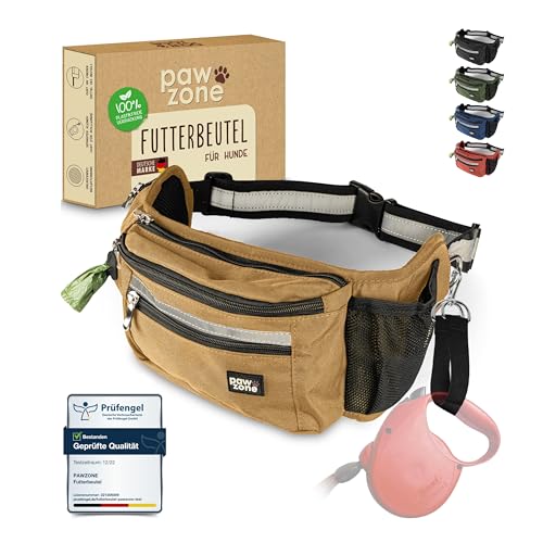 PAWZONE® Futterbeutel Hunde - Leckerlibeutel für Hunde - Bauchtasche für Hunde Zubehör - Leckerlitasche für Hunde - Inkl. Reflektorband & Zusatzgurt für Flexileine (Desert) von PAWZONE