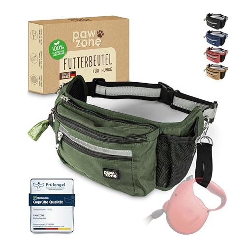 PAWZONE Futterbeutel Hunde - Leckerlibeutel für Hunde - Bauchtasche für Hunde Zubehör - Leckerlitasche für Hunde - Inkl. Reflektorband & Zusatzgurt für Flexileine (Olivgrün) von PAWZONE