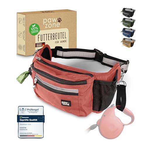 PAWZONE® Futterbeutel Hunde - Leckerlibeutel für Hunde - Bauchtasche für Hunde Zubehör - Leckerlietasche für Hunde - Inkl. Reflektorband & Zusatzgurt für Flexileine (Rostrot) von PAWZONE