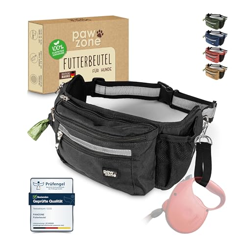 PAWZONE Futterbeutel Hunde - Leckerlibeutel für Hunde - Bauchtasche für Hunde Zubehör - Leckerlitasche für Hunde - Inkl. Reflektorband & Zusatzgurt für Flexileine (Schwarz) von PAWZONE