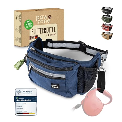 PAWZONE® Futterbeutel Hunde - Leckerlibeutel für Hunde - Bauchtasche für Hunde Zubehör - Leckerlitasche für Hunde - Inkl. Reflektorband & Zusatzgurt für Flexileine (Marineblau) von PAWZONE