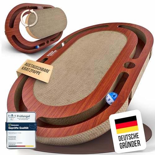 PAWZONE Kratzbrett - beidseitig nutzbar + Pappe austauschbar - inkl. Katzenspielzeug - hochwertige XXL Kratzpappe in stabilem MDF - Kratzmatte - Katzenzubehör - Kratzmöbel Katze - Cat Scratcher von PAWZONE