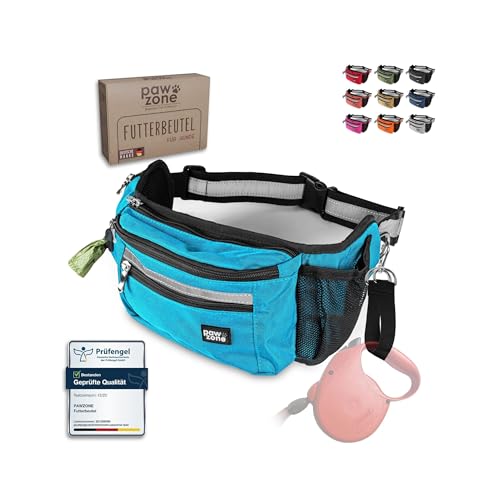 PAWZONE Futterbeutel Hunde - Leckerlibeutel für Hunde - Bauchtasche für Hunde Zubehör - Leckerlitasche für Hunde - Inkl. Reflektorband & Zusatzgurt für Flexileine (Azurblau) von PAWZONE