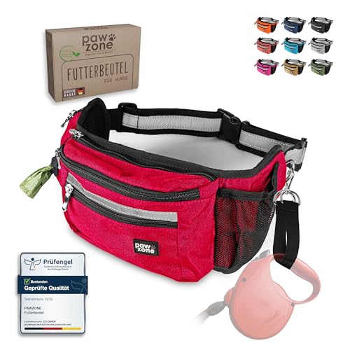 PAWZONE Futterbeutel Hunde - Leckerlibeutel für Hunde - Bauchtasche für Hunde Zubehör - Leckerlitasche für Hunde - Inkl. Reflektorband & Zusatzgurt für Flexileine (Feuerrot) von PAWZONE