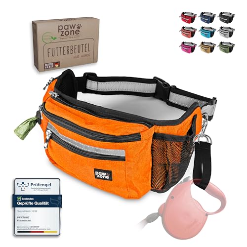 PAWZONE Futterbeutel Hunde - Leckerlibeutel für Hunde - Bauchtasche für Hunde Zubehör - Leckerlitasche für Hunde - Inkl. Reflektorband & Zusatzgurt für Flexileine (Neon Orange) von PAWZONE