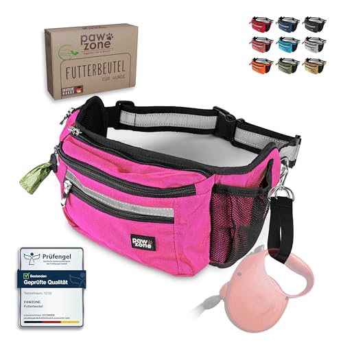PAWZONE Futterbeutel Hunde - Leckerlibeutel für Hunde - Bauchtasche für Hunde Zubehör - Leckerlitasche für Hunde - Inkl. Reflektorband & Zusatzgurt für Flexileine (Pink) von PAWZONE