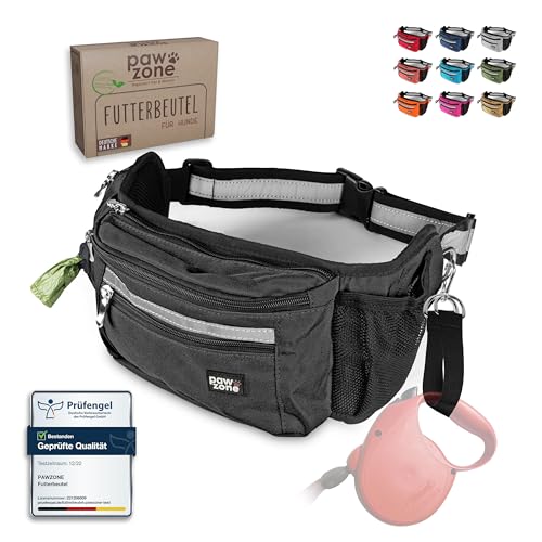 PAWZONE Futterbeutel Hunde - Leckerlibeutel für Hunde - Bauchtasche für Hunde Zubehör - Leckerlitasche für Hunde - Inkl. Reflektorband & Zusatzgurt für Flexileine (Schwarz) von PAWZONE