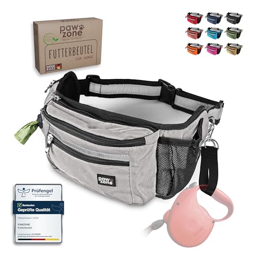 PAWZONE Futterbeutel Hunde - Leckerlibeutel für Hunde - Bauchtasche für Hunde Zubehör - Leckerlitasche für Hunde - Inkl. Reflektorband & Zusatzgurt für Flexileine (Silbergrau) von PAWZONE