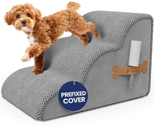 PAWZY Schaumstoff-Haustiertreppe für Bett, Couch oder Fenster, vorgefertigte Abdeckung, breite Hundetreppe für Bett, wasserdicht, rutschfeste Unterseite, 3-stöckige Hunderampe, Hundetreppe für kleine von PAWZY