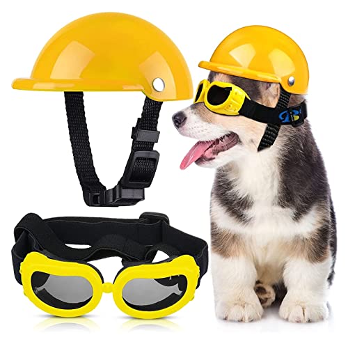 Interessante Haustiermütze, Haustierhelm und Brille, Hundemütze, Hundesonnenbrille, geeignet für Motorradfahren, Schutz von Outdoor-Aktivitäten, Haustier-, Katzen- und Hundebekleidung (Farbe: Gelb von PAXTOR