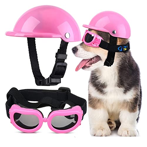 Interessante Haustiermütze, Haustierhelm und Brille, Hundemütze, Hundesonnenbrille, geeignet für Motorradfahren, Schutz von Outdoor-Aktivitäten, Haustier-, Katzen- und Hundebekleidung (Farbe: Rosa von PAXTOR