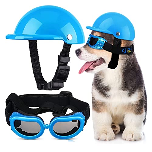 Interessanter Haustierhut, Hundehelm und Brille, verstellbarer Hut, Hundesonnenbrille und Haustierhelm, Set mit Hundebrille, Windschutz, Hundebrille, Katzen- und Hundebekleidung (Farbe: Blau, Größe von PAXTOR