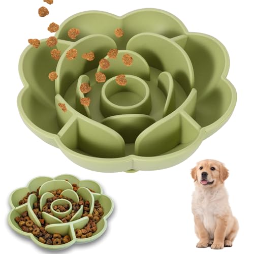 Antischlingnapf Hund aus Silikon, Slow Feeder Napf für Hunde & Katzen, Anti-Schling Napf mit Rutschfestem Boden, Langsame Fütterung für Welpen, Katzen und kleine Hunde (Grün, Rose Design) von PCXWTLN