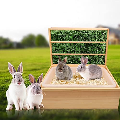 PEALOV Heuraufe Kaninchen Holz,mit Herausnehmbarer Kunststoff-Kastentoilette,Reduziert Heuabfall,2 in 1 Heu Futterspender Manger,für Kaninchen Meerschweinchen,Katzentoilette und Futtertrog aus Holz von PEALOV
