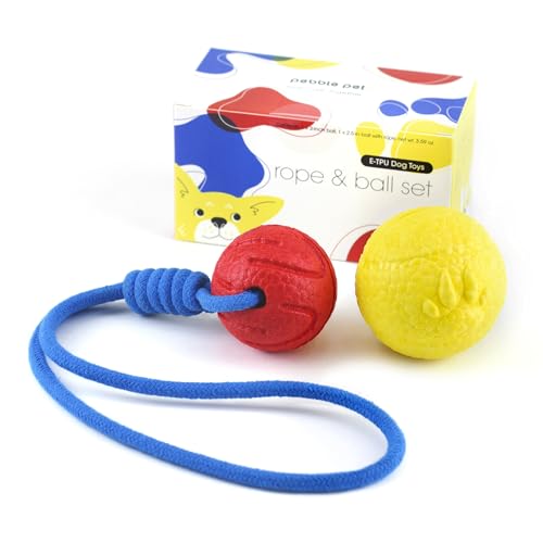 PEBBLE PET Hundespielzeug-Ball-Set, 7,6 cm Apportierball, 6,3 cm Ball am Seil, strapazierfähiges E-TPU-Material, hohe Sprungkraft, auffällige Farben, leicht, schwimmfähig, von PEBBLE PET