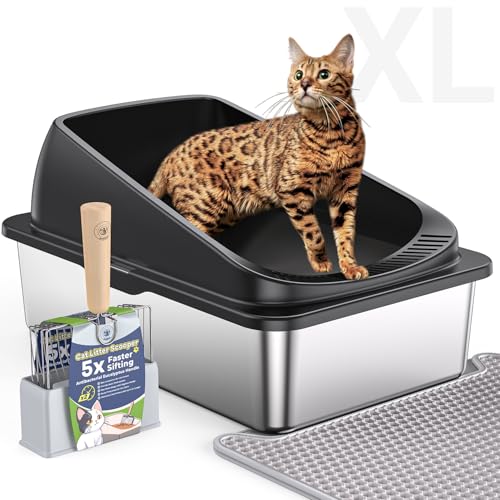 PEDIBAT Stainless Steel Cat Litter Box with Scoop, Metal Litter Box High Sided, Cat Litter Box Enclosure, XL Extra Large High-Sided Litter Boxs (Anti-Urine Leakage, Include Scoop) (Black) von PEDIBAT