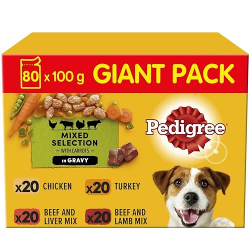Pedigree Portionsbeutel Multipack Giant Pack Gemischte Selektion in Sauce mit 4 Varietäten mit Huhn, Rind- und Lebermischung, Truthahn, Rind- und Lammmischung 80 x 100g, Hundefutter, Nassfutter von PEDIGREE