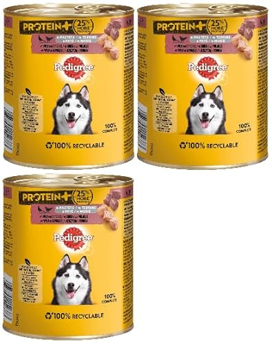 PEDIGREE Dose Protein+ in Pastete Hundefutter Nassfutter - Verschiedene Geschmacksrichtungen (3x800g, Wild & Geflügel) von PEDIGREE