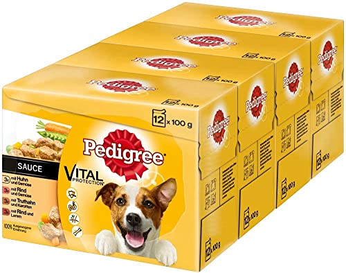 PEDIGREE Portionsbeutel Multipack Adult 4 Varietäten in Sauce mit Huhn, Rind+Leber, Truthahn, Rind+Lamm 4 x 12 x 100g von PEDIGREE