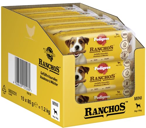 PEDIGREE RANCHOS Beutel Gefüllte Kaurollen mit Huhn 15 x 80g, Mini 5-15kg von PEDIGREE