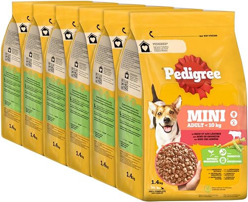 Pedigree Adult Hunde Trockenfutter für kleine ausgewachsene Hunde (<10 kg) mit Rind und Gemüse 6 x 1,4kg von PEDIGREE