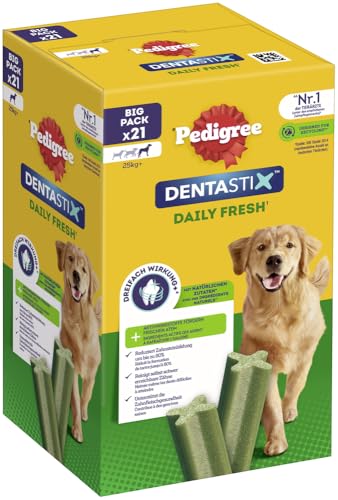 Pedigree DentaStix Daily Fresh Zahnpflegesnack für große Hunde (+25kg), 112 Sticks, 4er Pack, 4x28 Stück – Hundeleckerlis für jeden Tag, für gesunde Zähne und einen frischen Atem von PEDIGREE