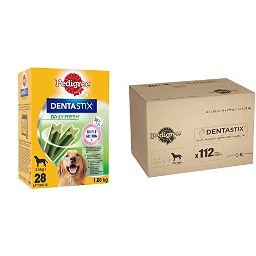 Pedigree DentaStix Daily Fresh Zahnpflegesnack für große Hunde – Hundeleckerli mit Aktivwirkstoffen, 112 Sticks & DentaStix Daily Oral Care Zahnpflegesnack für große Hunde – 1 x 112 Stück von PEDIGREE