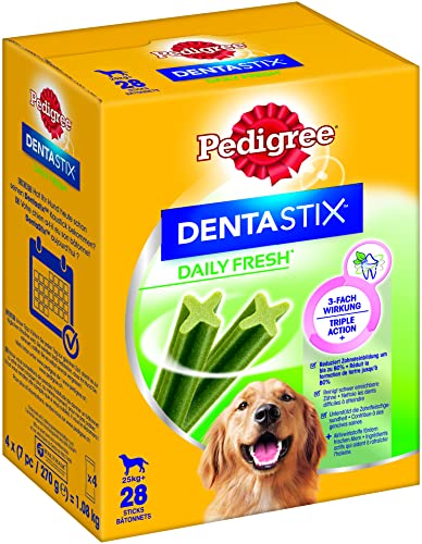 Pedigree DentaStix Daily Fresh Zahnpflegesnack für große Hunde (+25kg), 112 Sticks, 4er Pack, 4x28 Stück – Hundeleckerlis für jeden Tag, für gesunde Zähne und einen frischen Atem von PEDIGREE