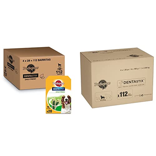 Pedigree DentaStix Daily Fresh Zahnpflegesnack für mittelgroße Hunde – Aktivwirkstoffen – 4x28 Stück & DentaStix Daily Oral Care Zahnpflegesnack für große Hunde – Huhn- & Rindgeschmack – 1x112 Stück von PEDIGREE