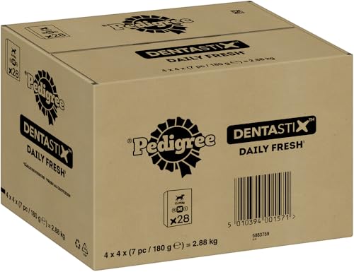 Mars Pedigree DentaStix Daily Fresh Zahnpflegesnack für mittelgroße Hunde (10–25 kg), 112 Sticks, 4er Pack, 4x28 Stück – Hundeleckerlis für jeden Tag, für gesunde Zähne und einen frischen Atem von PEDIGREE