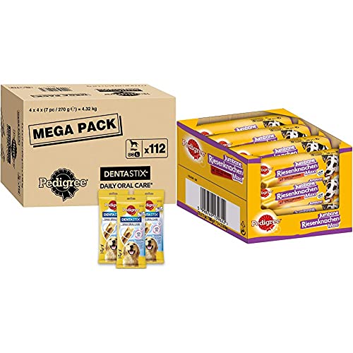 Pedigree DentaStix Daily Oral Care Zahnpflegesnack für große Hunde – Hundeleckerli mit Huhn- & Rindgeschmack für jeden Tag – 1 x 112 Stück & Hundesnacks Riesenknochen, 12 Stück (12 x 180 g) von PEDIGREE