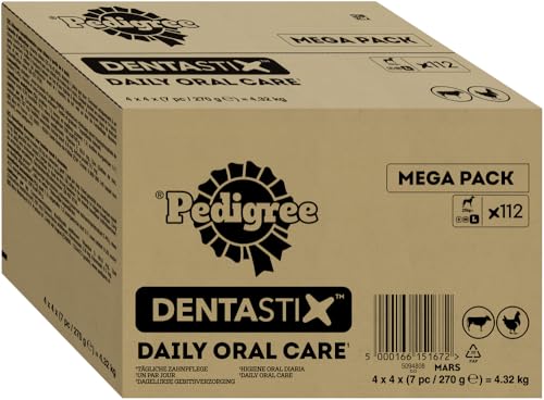 Pedigree DentaStix Daily Oral Care Zahnpflegesnack für große Hunde (+25kg), 112 Stück (1 Großpackung) – Hundeleckerlis mit Huhn– & Rindgeschmack für jeden Tag, für gesunde Zähne von PEDIGREE