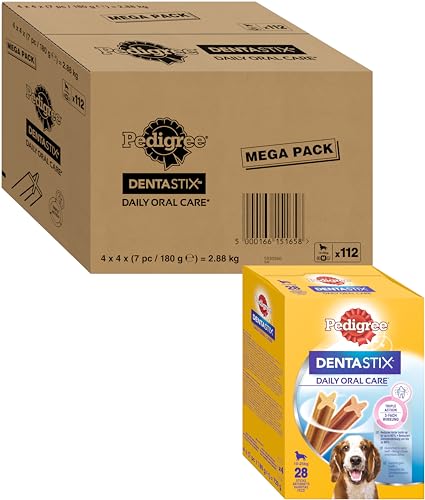 Pedigree DentaStix Daily Oral Care Zahnpflegesnack für mittelgroße Hunde (10–25kg), 112 Stück (1 Großpackung) – Hundeleckerlis mit Huhn– & Rindgeschmack für jeden Tag, für gesunde Zähne von PEDIGREE
