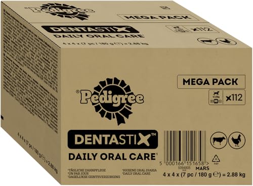 PEDIGREE DentaStix Zahnpflegesnack - 112 Stück - für mittelgroße Hunde (10–25kg) – Hundeleckerli mit Huhn– & Rindgeschmack für jeden Tag, Zahnpflege Hund für gesunde Zähne - 1 Großpackung von PEDIGREE