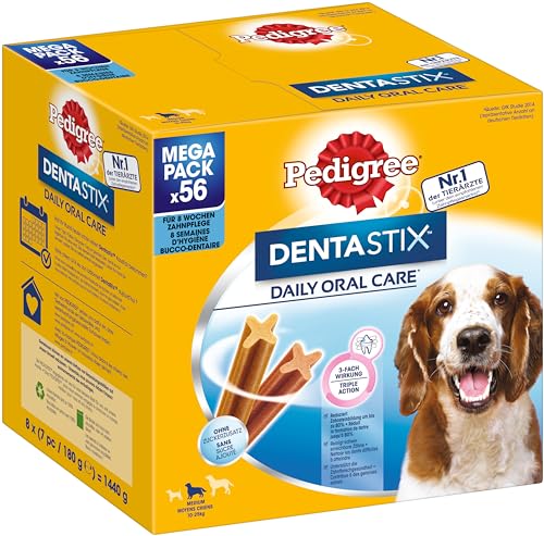 Pedigree DentaStix Daily Oral Care Zahnpflegesnack für mittelgroße Hunde – Hundeleckerli mit Huhn- & Rindgeschmack für jeden Tag – 1 x 56 Stück von PEDIGREE