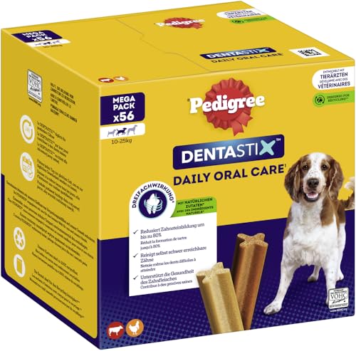 PEDIGREE DentaStix Zahnpflegesnack - 56 Stück - für mittelgroße Hunde (10–25kg) – Hundeleckerli mit Huhn- & Rindgeschmack für jeden Tag - Zahnpflege Hund für gesunde Zähne - 1 Packung von PEDIGREE