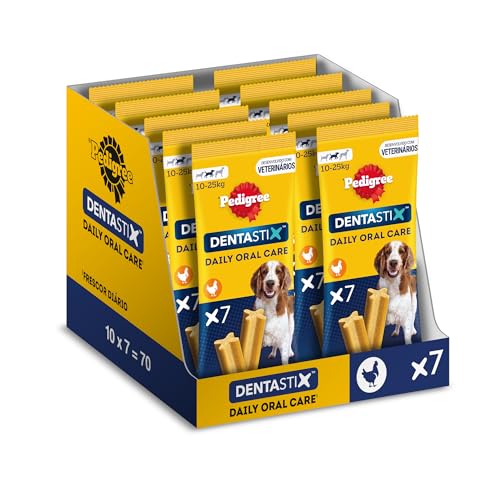 Pedigree DentaStix Daily Oral Care Zahnpflegesnack für mittelgroße Hunde – Hundeleckerli mit Huhn- & Rindgeschmack für jeden Tag – 70 Sticks (10 x 7 Stück) von PEDIGREE