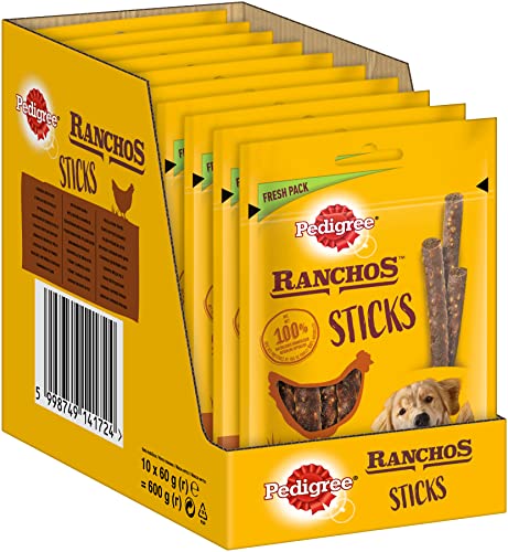 Pedigree Ranchos Sticks – Weiche Hundesnacks mit Huhn – Ideal für kleine und große Hunde – 10 x 60 g Pedigree Ranchos Sticks – Weiche Hundesnacks mit Huhn – Ideal für kleine und große Hunde – 10 x 60 g von PEDIGREE