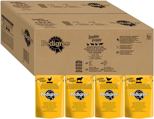 Pedigree Junior Multipack Gemischte Selektion in Gelee - Hundenassfutter im Portionsbeutel für junge Hunde - 4 Varietäten - 84 x 100g Pedigree Junior Multipack Gemischte Selektion in Gelee - Hundenassfutter im Portionsbeutel für junge Hunde - 4 Varietäten - 84 x 100g von PEDIGREE