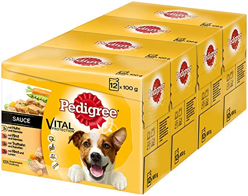 Pedigree Vital Protection Hundenassfutter im Beutel – Hundefutter in Sauce mit Huhn, Rind & Truthahn – 48 Beutel (4 x 12 x 100g Großpackung) von PEDIGREE