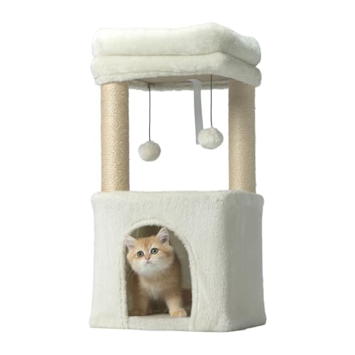 PEEKAB Kleiner Kratzbaum für Katzen bis zu 3,6 kg, Katzenturm und Plüsch-Sitzstange, Katzenkratzbäume mit baumelndem Ball für Indoor-Kätzchen und kleine Katzen, Beige von PEEKAB
