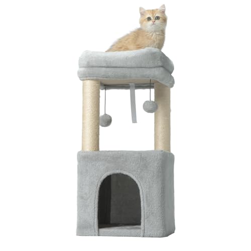 PEEKAB Kleiner Kratzbaum für Katzen bis zu 3,6 kg, Katzenturm und Plüsch-Sitzstange, Katzenkratzbäume mit baumelndem Ball für Indoor-Kätzchen und kleine Katzen, Grau von PEEKAB
