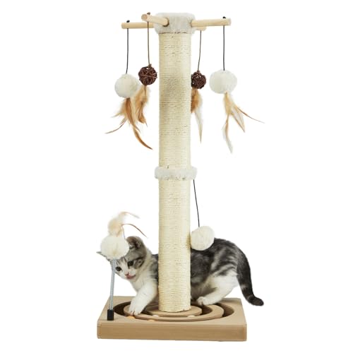 PEEKAB Kratzbaum Sisal Kratzbaum für Indoor Katzen und Kätzchen mit Tracking Ball Interaktives Spielzeug und Hängende Bälle 30 Zoll Beige von PEEKAB